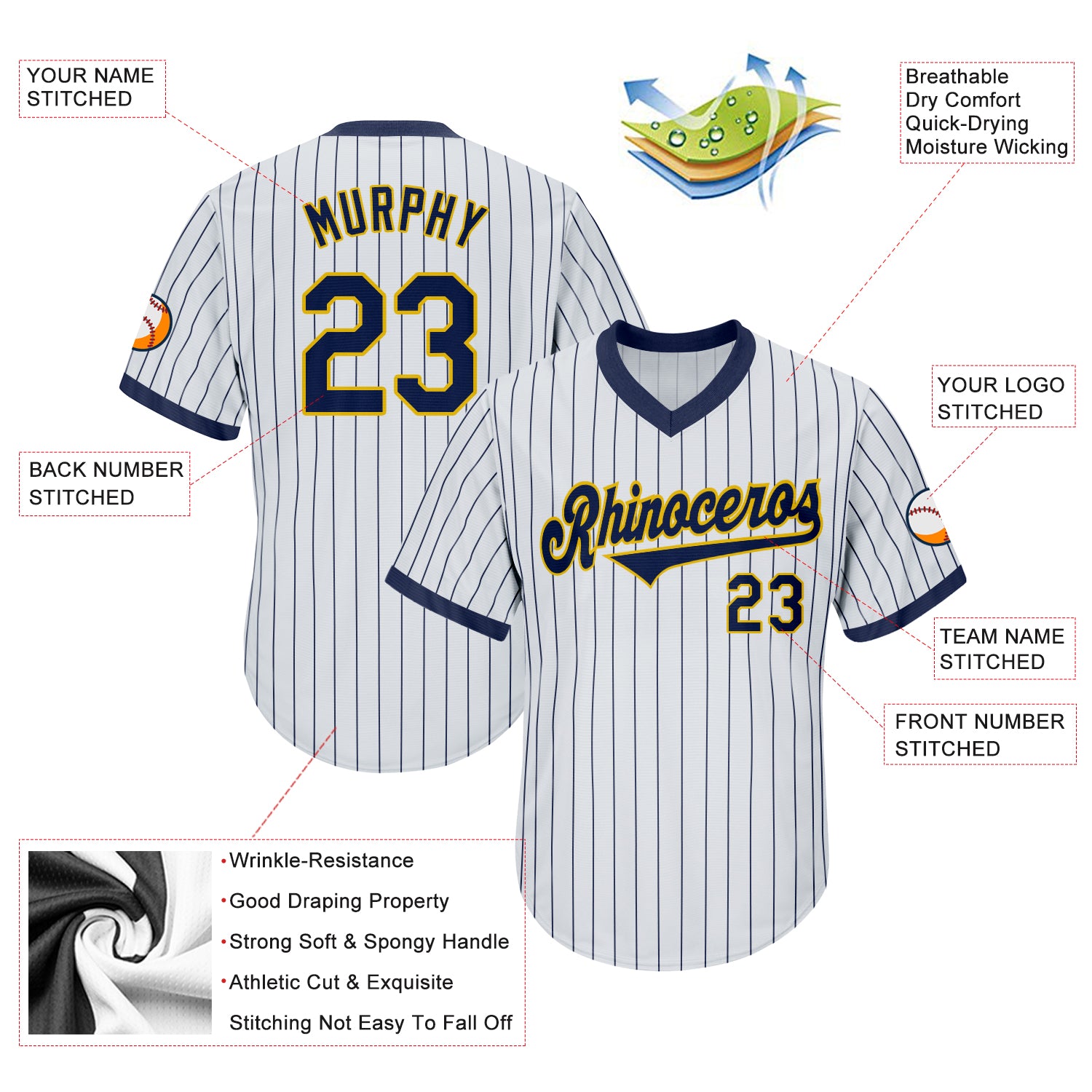 Custom White Navy Pinstripe Navy-Gold Authentic Throwback Rib-Knit Baseball Jersey Shirt