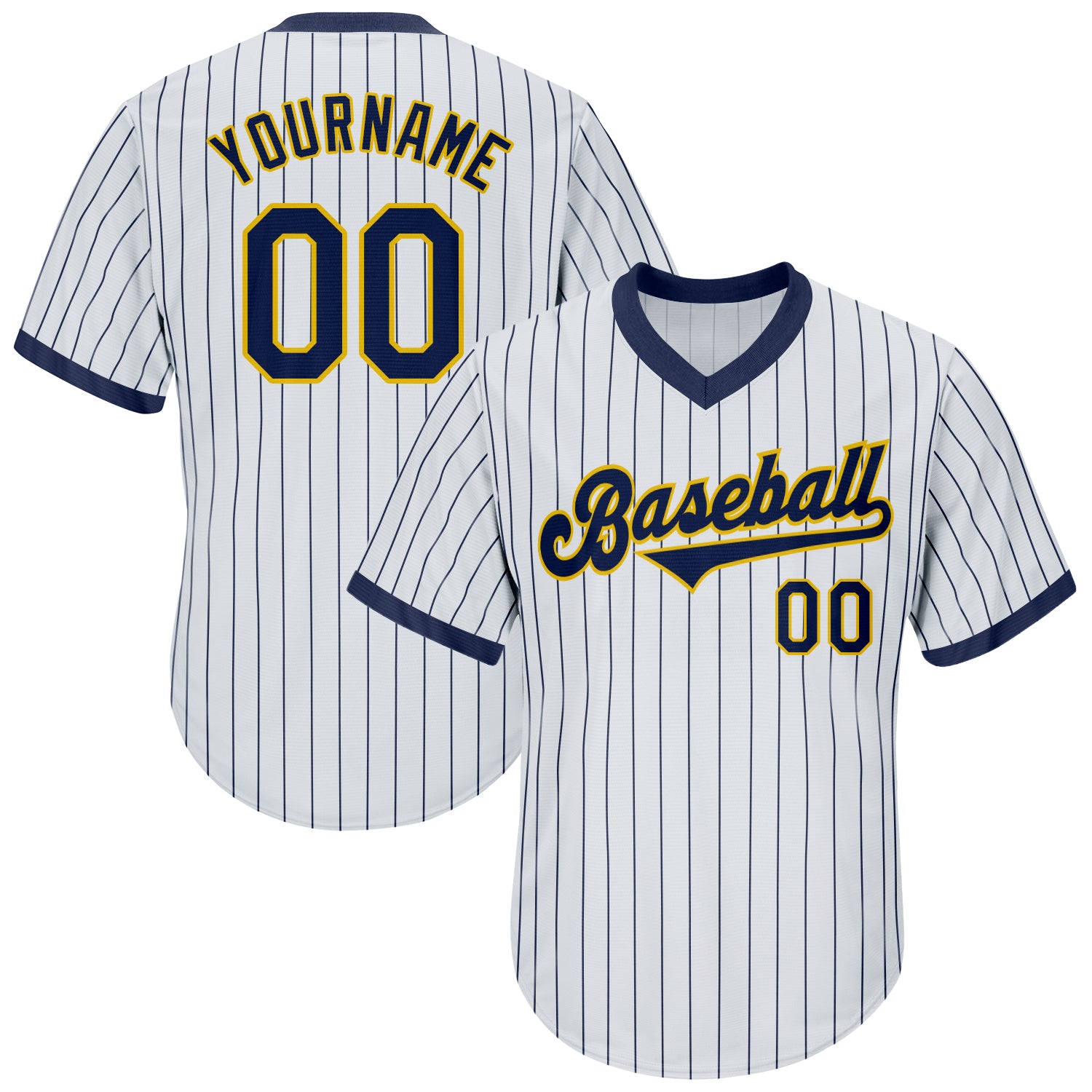 Cheap Custom White Navy Pinstripe Navy-Gold Authentic Baseball