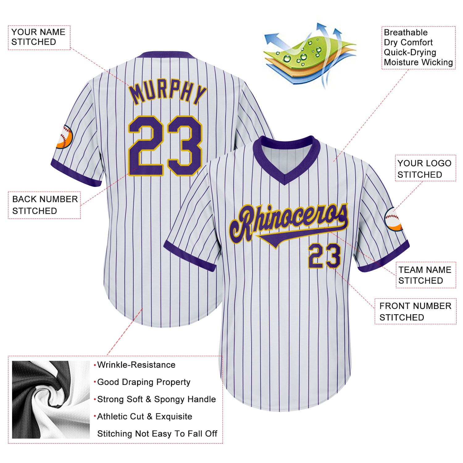 Custom White Purple Pinstripe Purple-Gold Authentic Throwback Rib-Knit Baseball Jersey Shirt