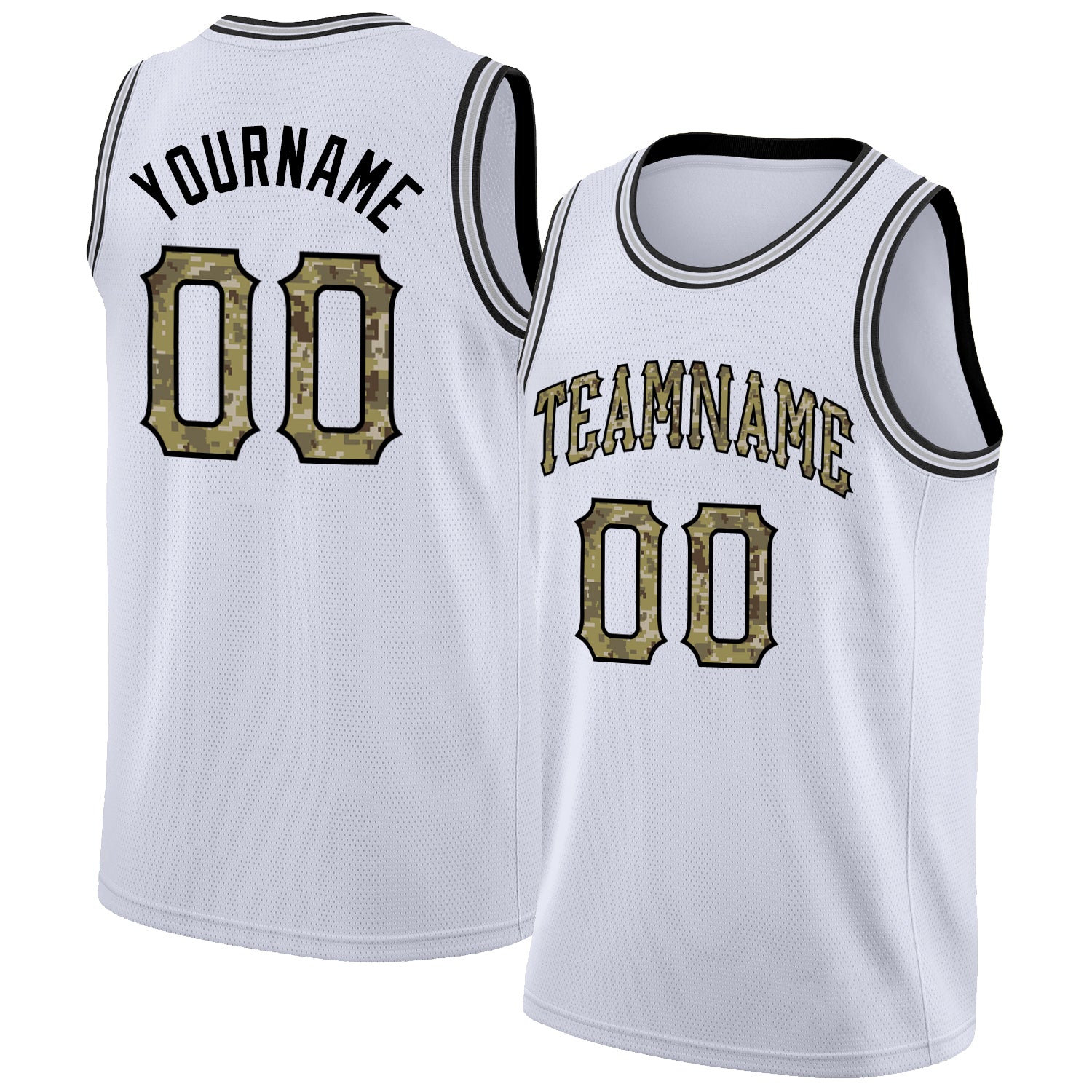 Custom White Camo-Black Round Neck Rib-Knit Basketball Jersey