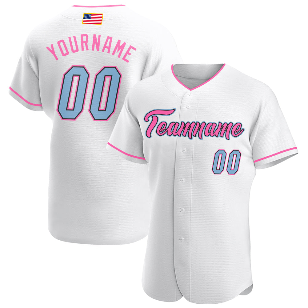 Custom White Light Blue-Pink Authentic American Flag Fashion Baseball Jersey Men's Size:XL