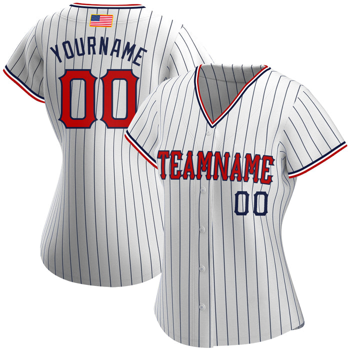 Custom White Navy Pinstripe Red-Navy Authentic American Flag Fashion Baseball Jersey