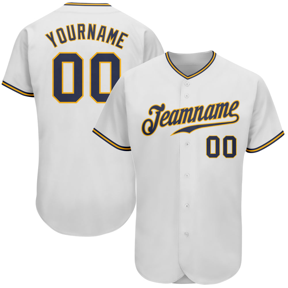 Custom Two Tone Baseball Jersey Gold White-Navy Authentic - FansIdea