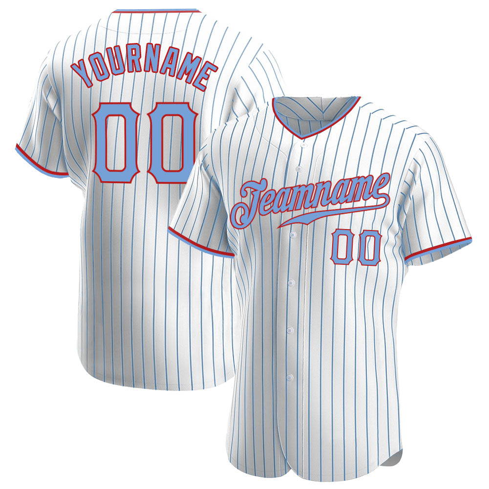 Custom Light Blue White Pinstripe Red-Navy Authentic Baseball Jersey  Discount
