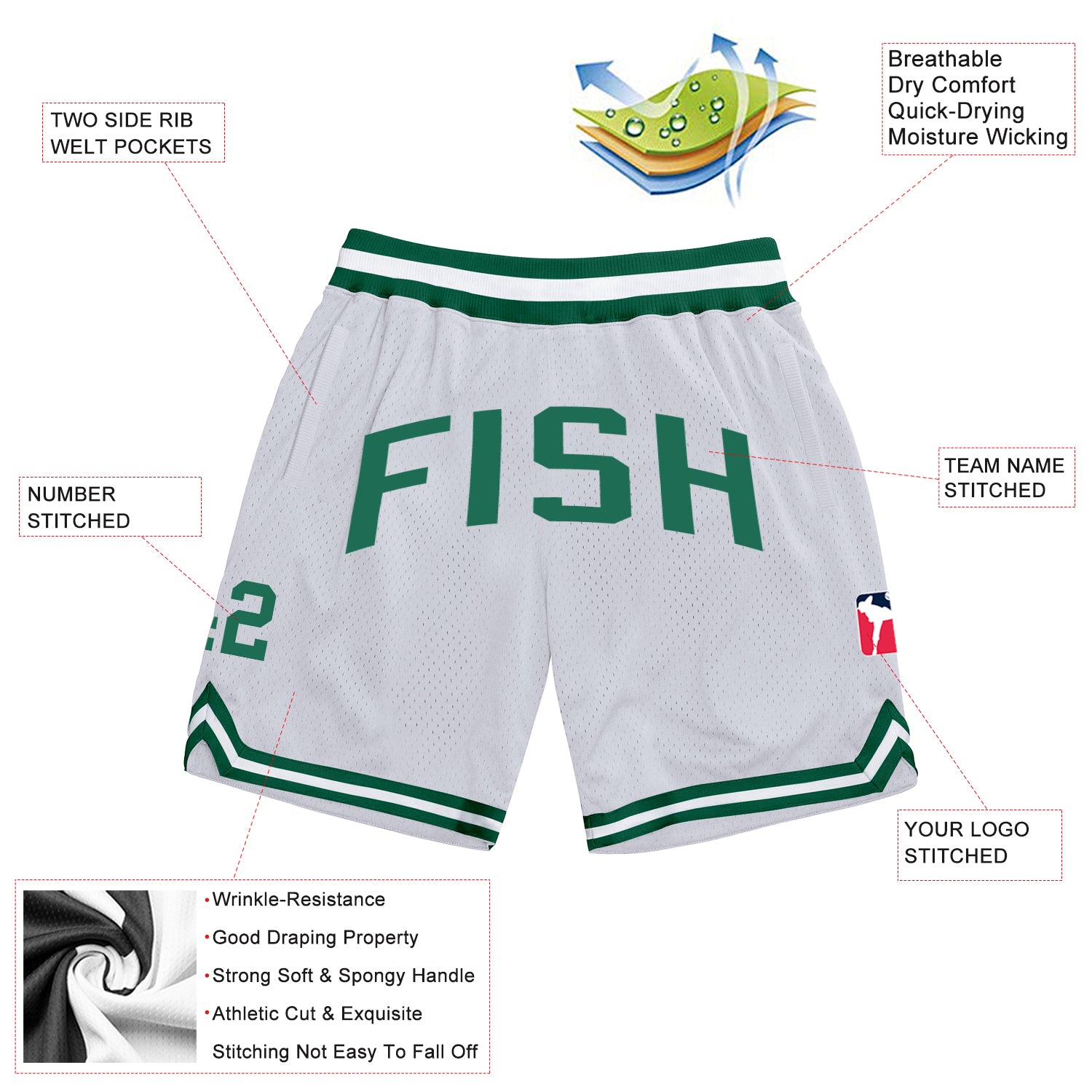 Custom White Kelly Green Authentic Throwback Basketball Shorts