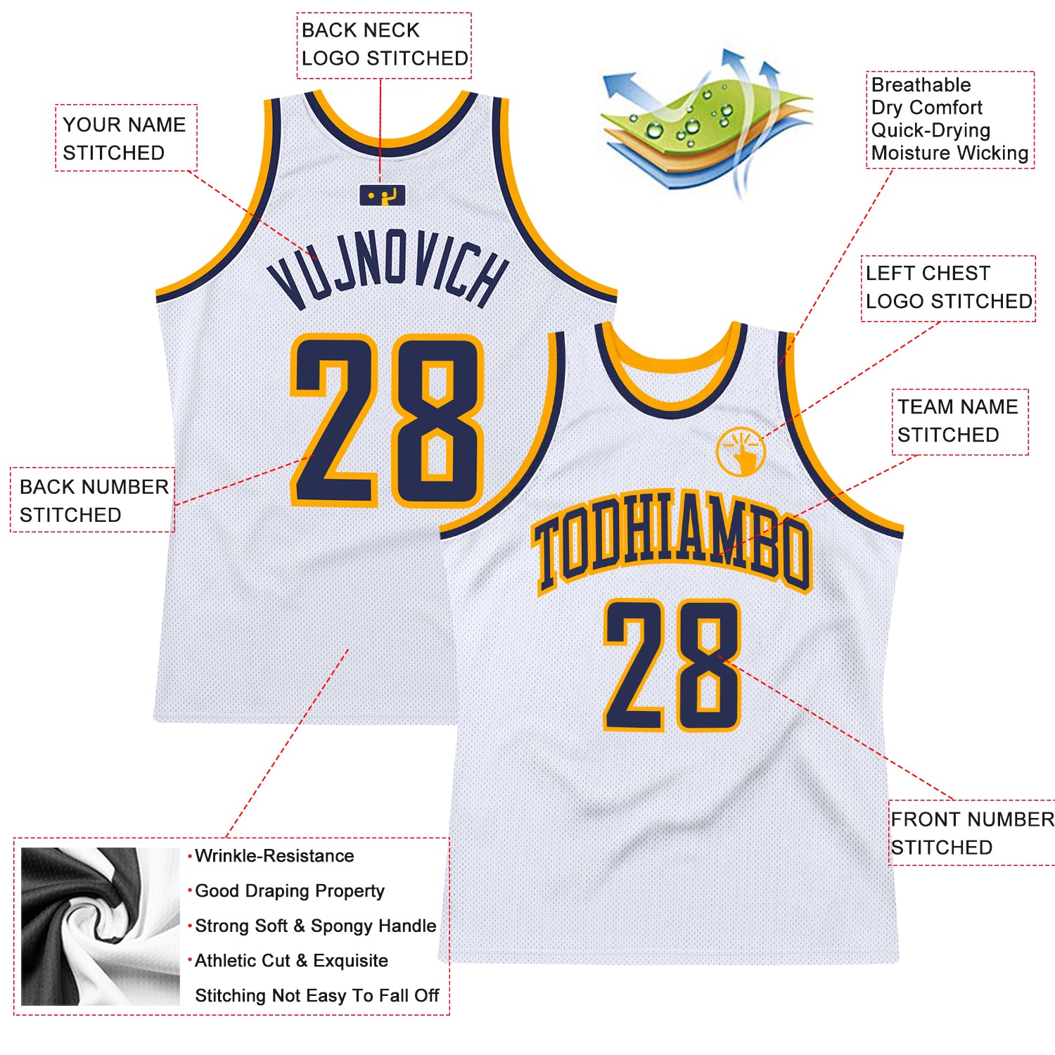 Custom White Navy-Gold Authentic Throwback Basketball Jersey