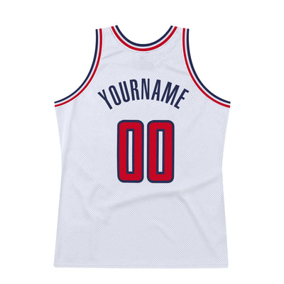 Custom White Red-Navy Authentic Throwback Basketball Jersey