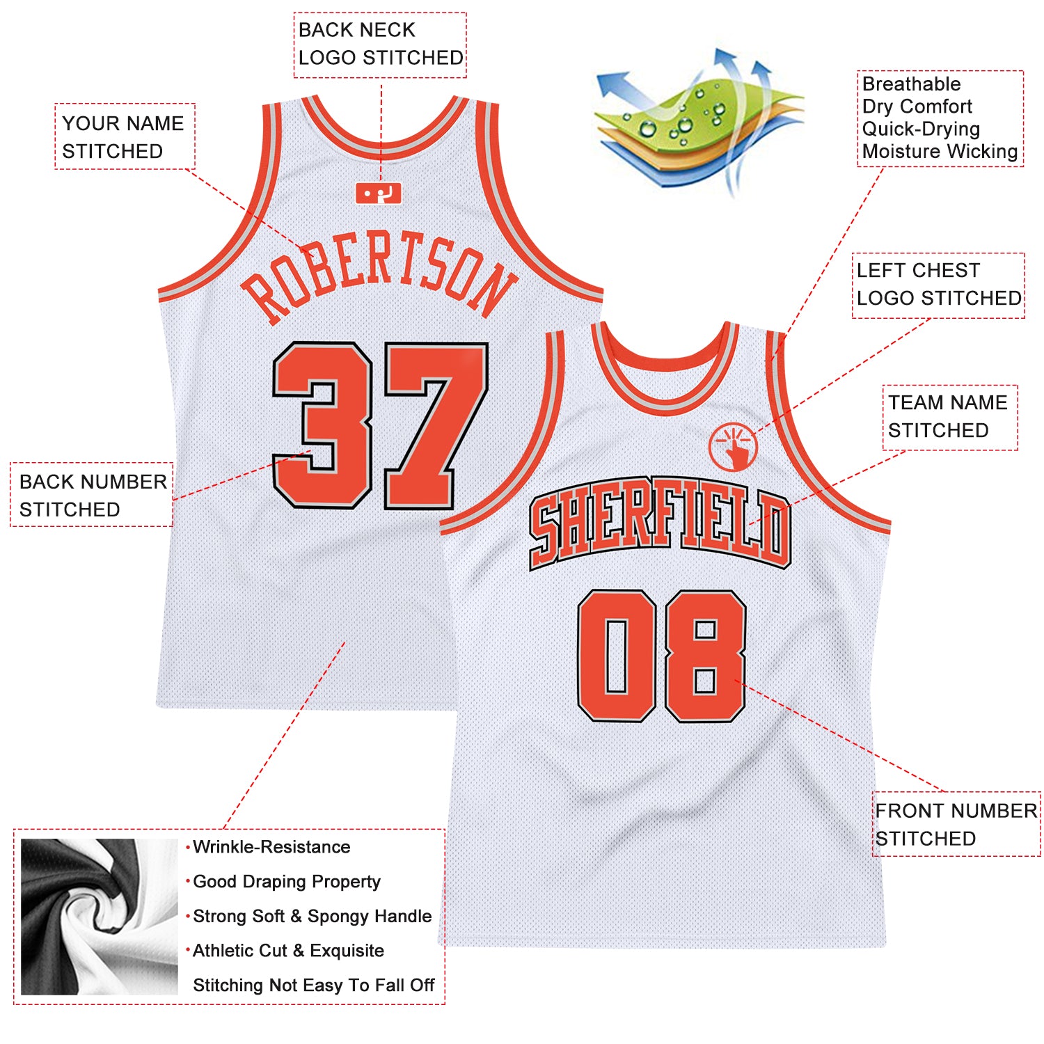 Custom White Orange-Gray Authentic Throwback Basketball Jersey