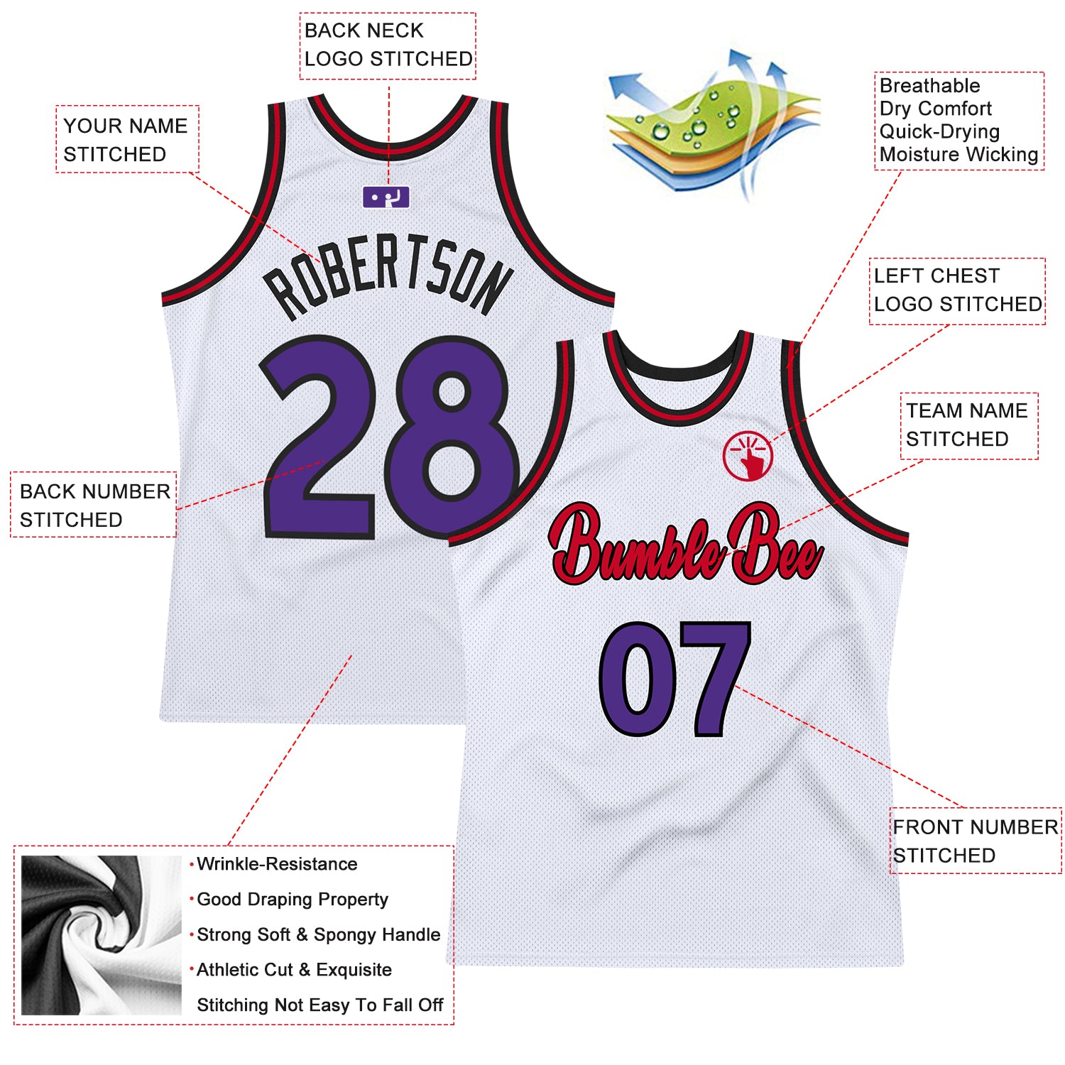 Custom Team Basketball Purple Jersey White