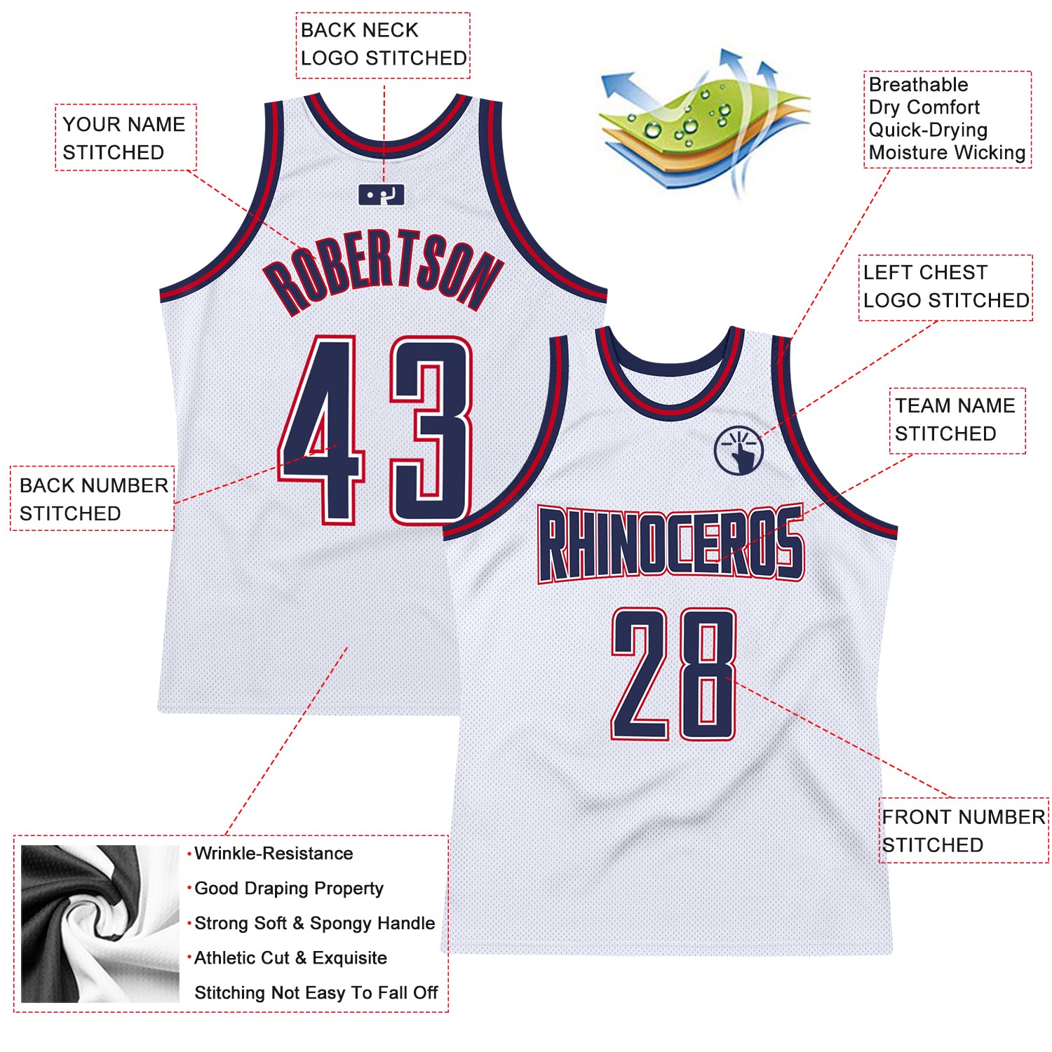 Custom White Navy-Red Authentic Throwback Basketball Jersey