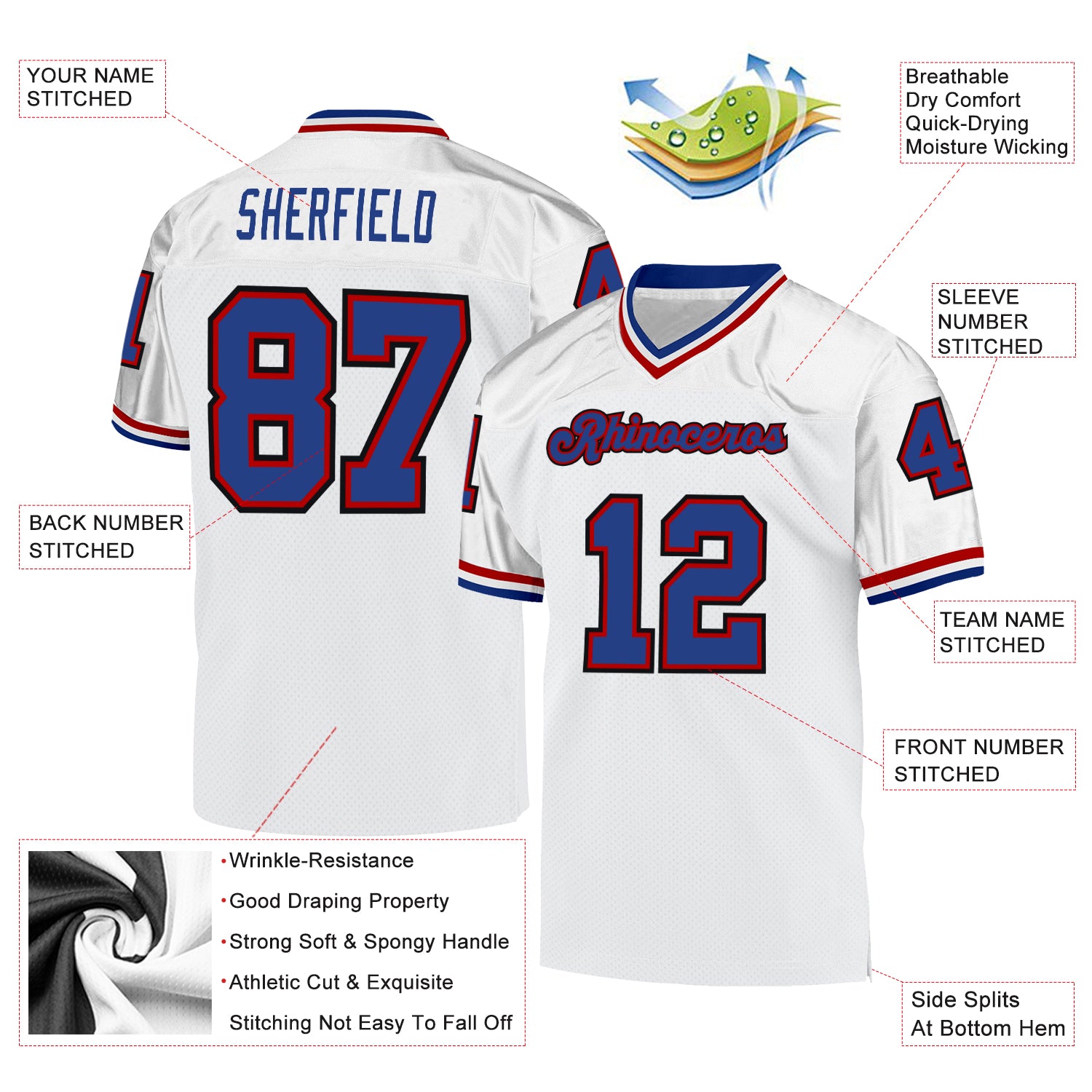 Custom White Royal-Red Mesh Authentic Throwback Football Jersey