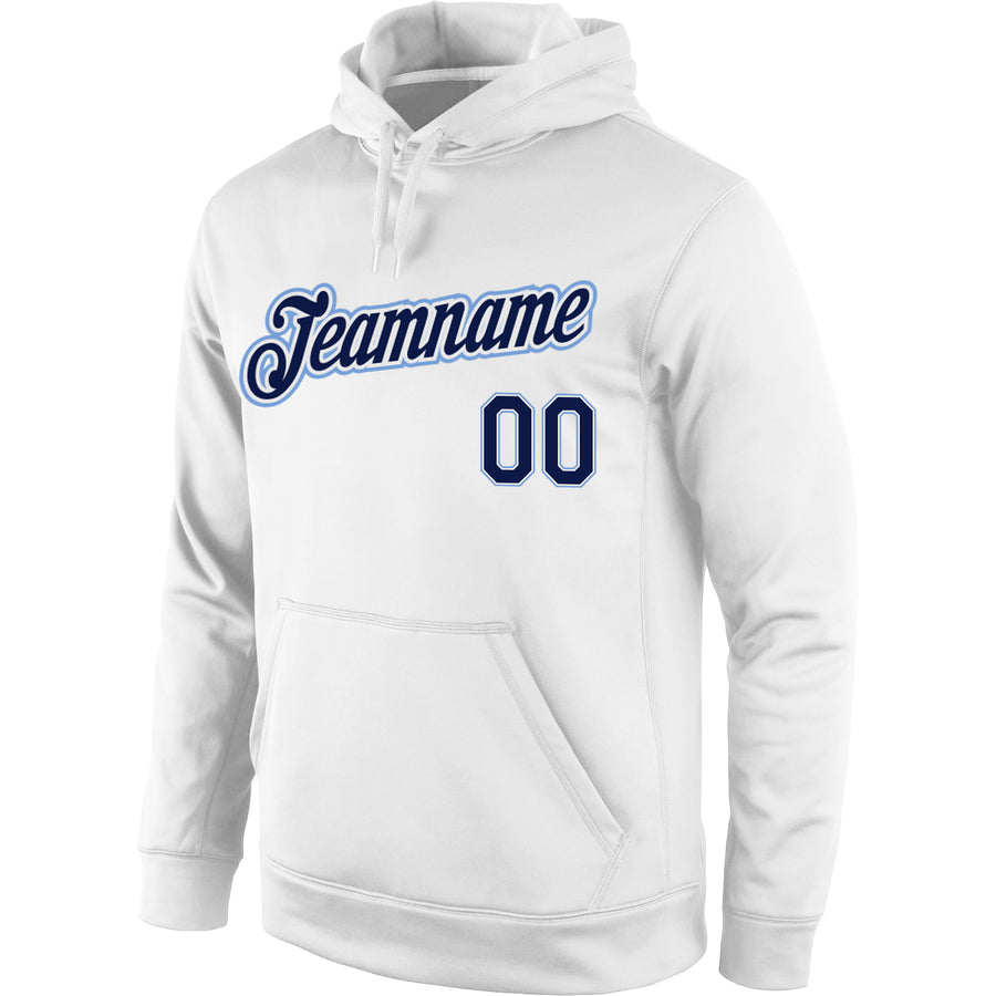 Custom Stitched White Navy-Light Blue Sports Pullover Sweatshirt Hoodie