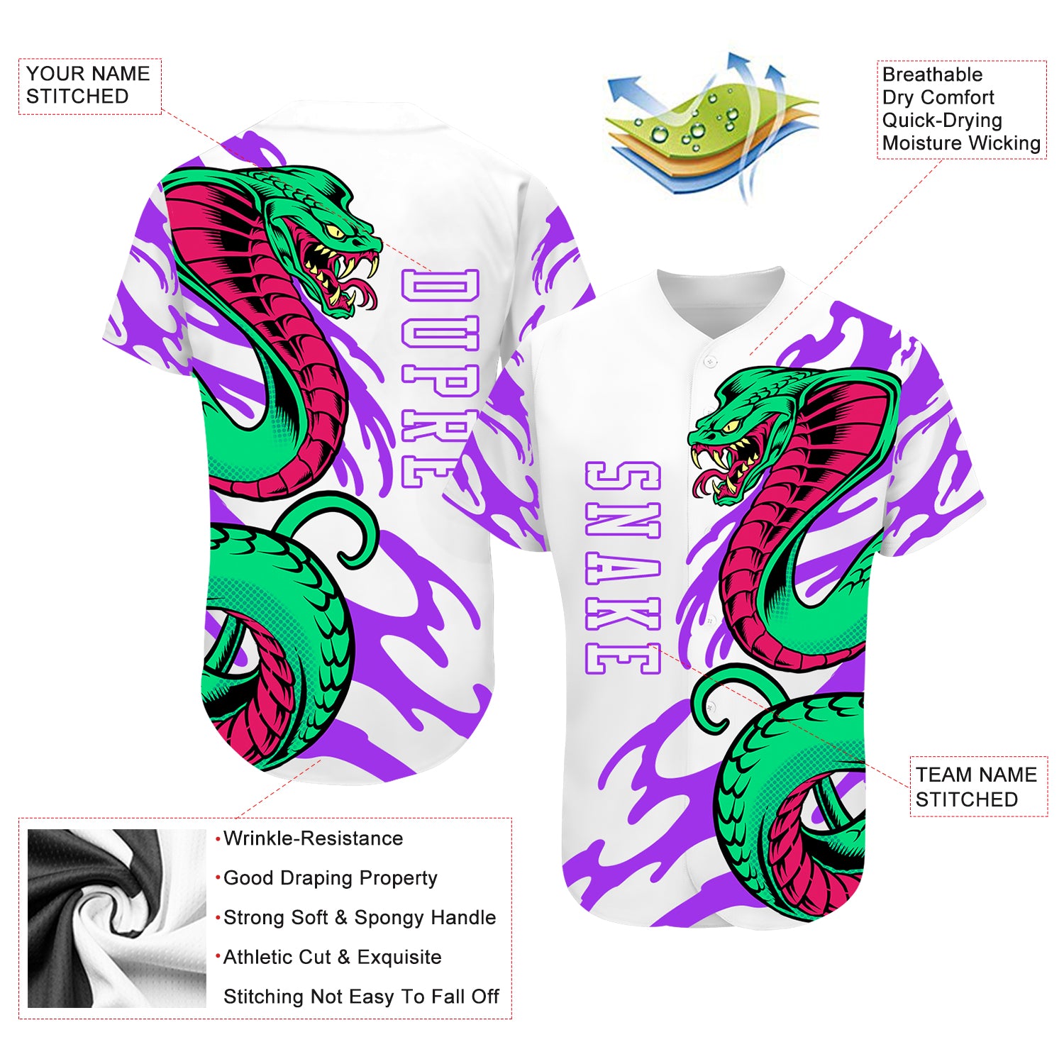 Custom White White-Purple 3D Snake Authentic Baseball Jersey