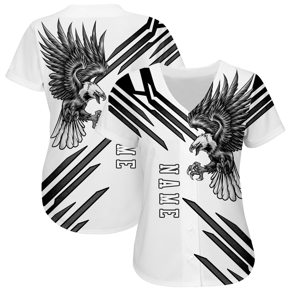 Custom White White-Black 3D Eagle Authentic Baseball Jersey