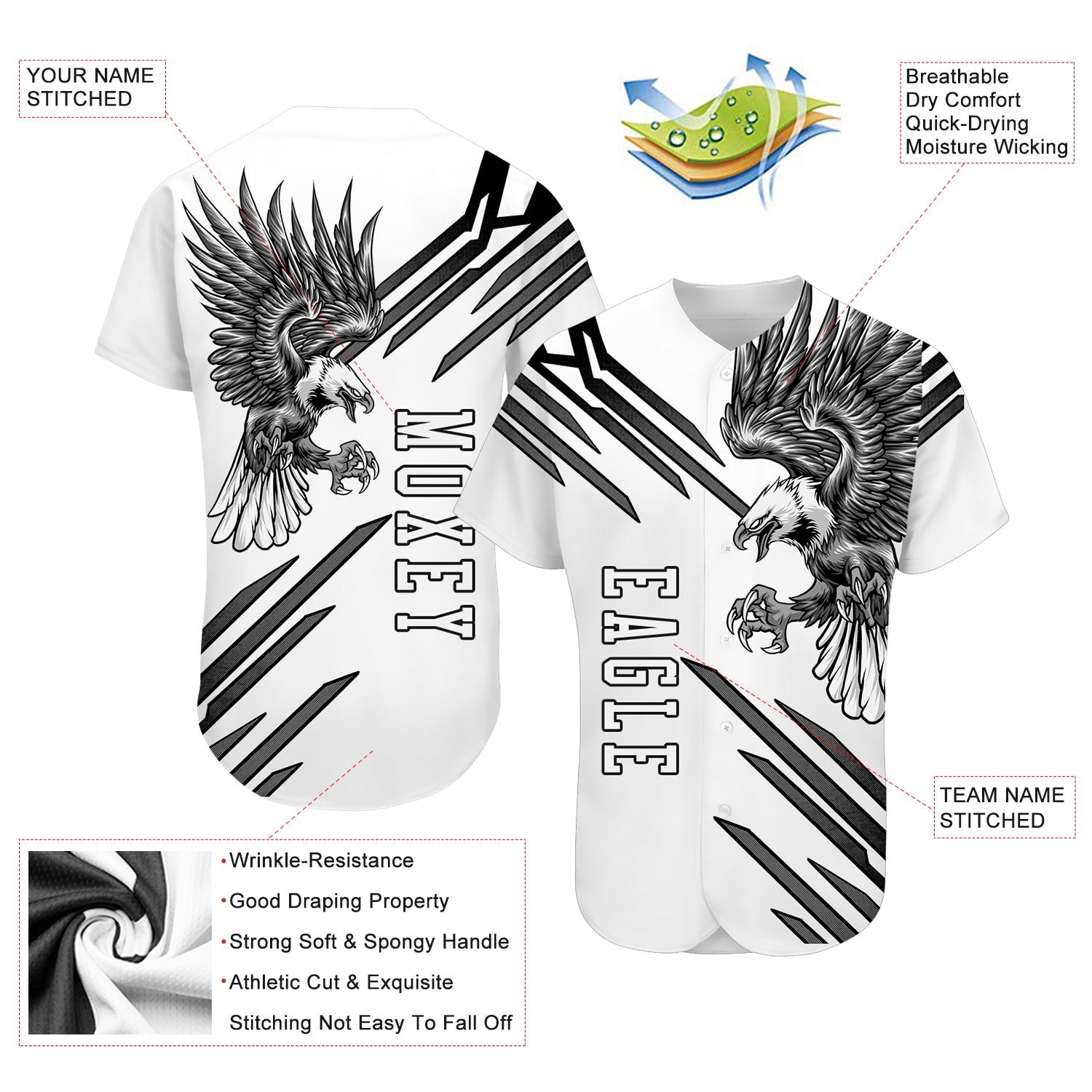 Custom White White-Black 3D Eagle Authentic Baseball Jersey