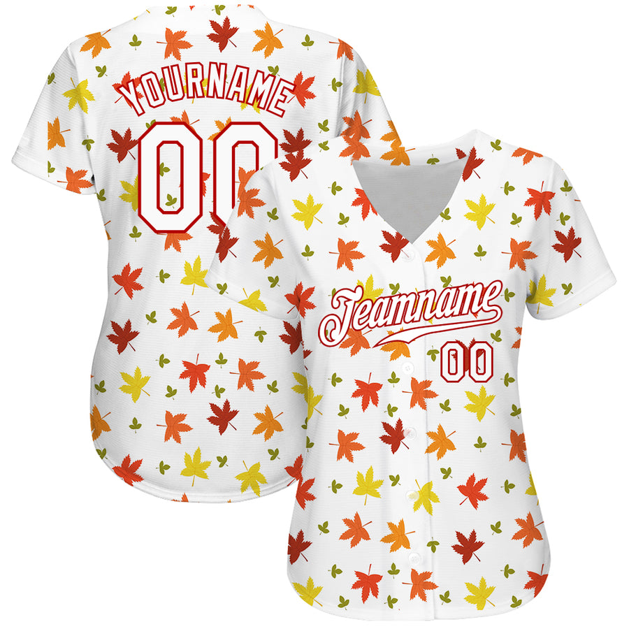 Custom White White-Red 3D Pattern Design Autumn Leaves Authentic Baseball Jersey