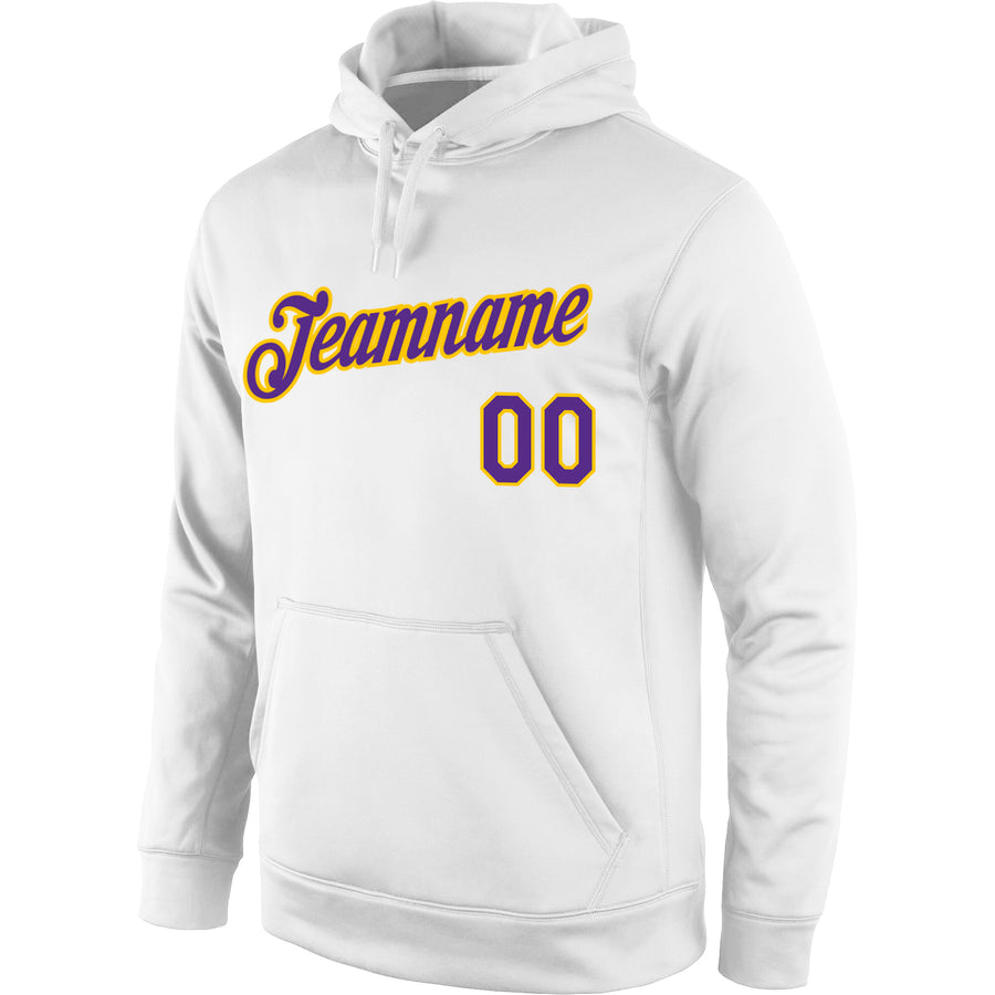 Custom Stitched White Purple-Gold Sports Pullover Sweatshirt Hoodie