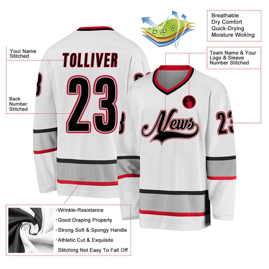 Custom White Black-Gray Hockey Jersey