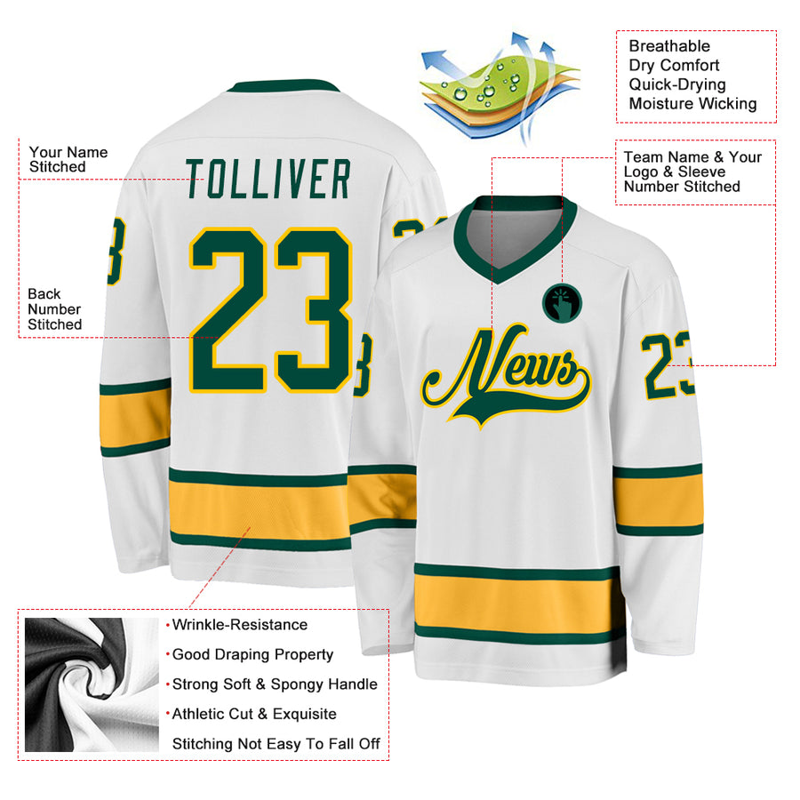 Custom White Green-Gold Hockey Jersey