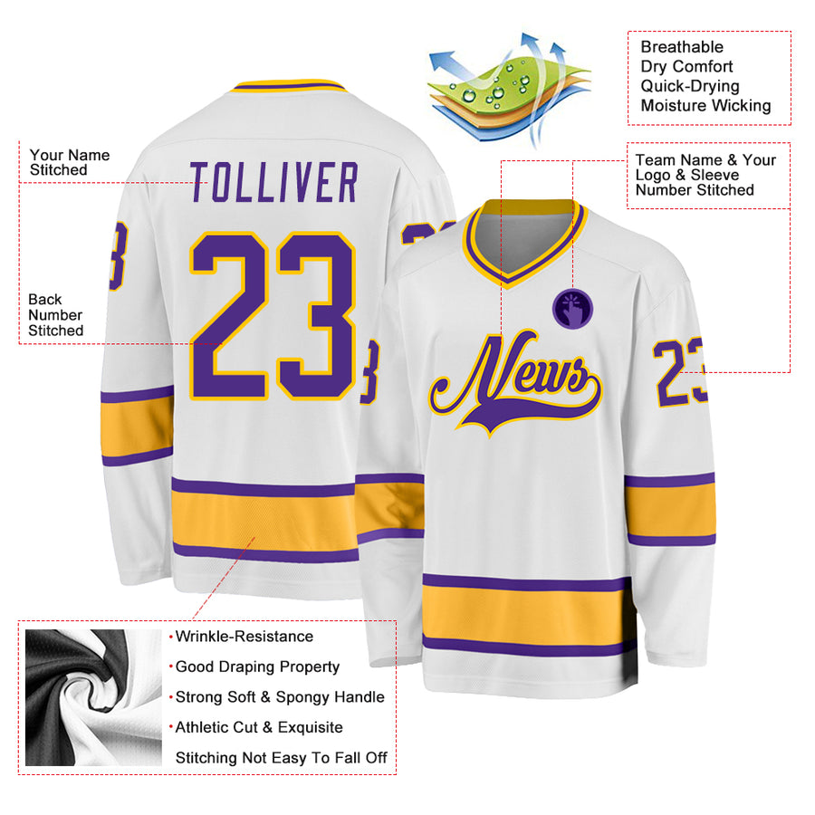 Custom White Purple-Gold Hockey Jersey