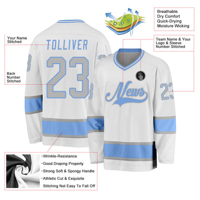 Custom White Gray-Light Blue Hockey Jersey