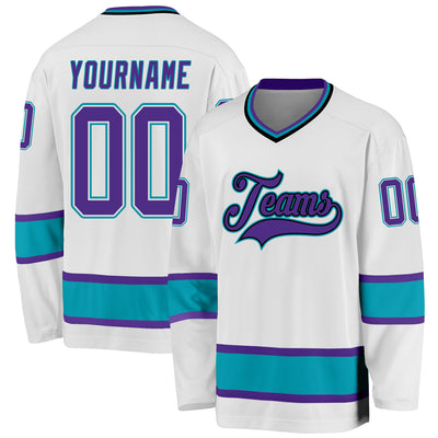 Custom White Purple-Teal Hockey Jersey