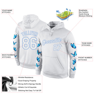 Custom Stitched White White-Light Blue 3D Pattern Design Butterfly Sports Pullover Sweatshirt Hoodie