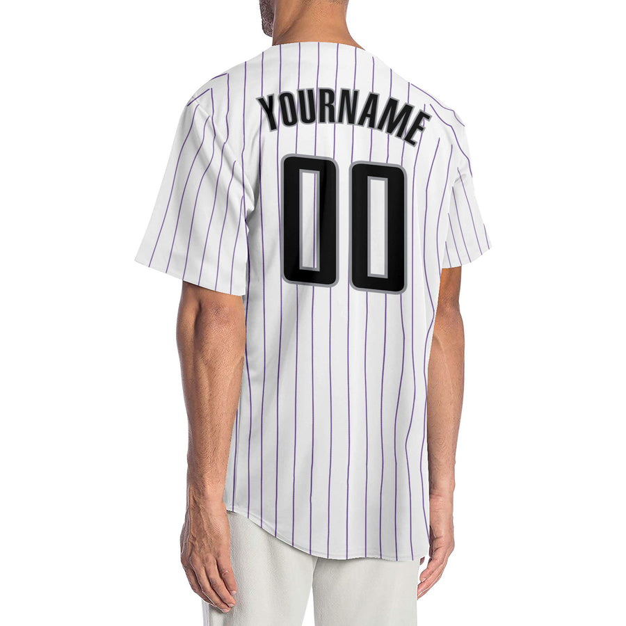 Custom White Purple Pinstripe Black-Gray Authentic Baseball Jersey