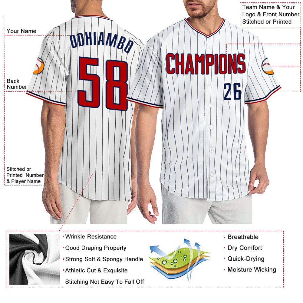 Custom White Navy Pinstripe Red-Navy Authentic Baseball Jersey - Best Custom