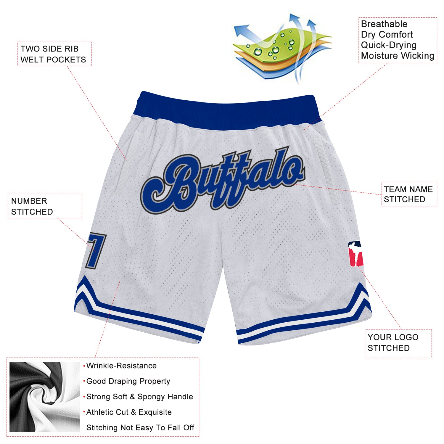 Custom White Royal-Gray Authentic Throwback Basketball Shorts