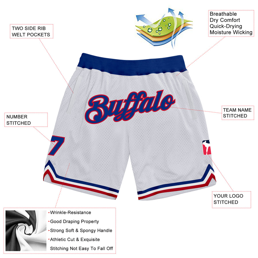 Custom White Royal-Red Authentic Throwback Basketball Shorts