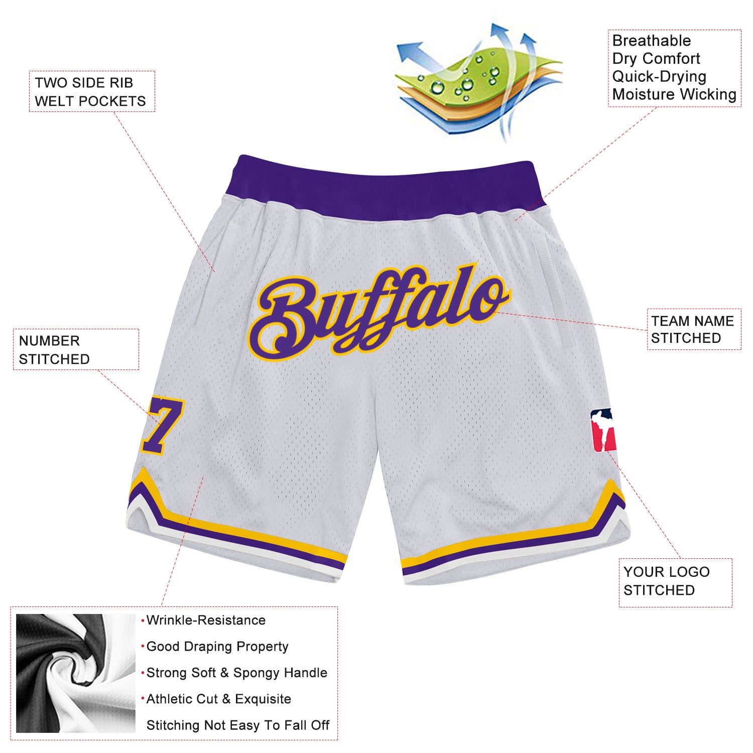 Custom White Purple-Gold Authentic Throwback Basketball Shorts