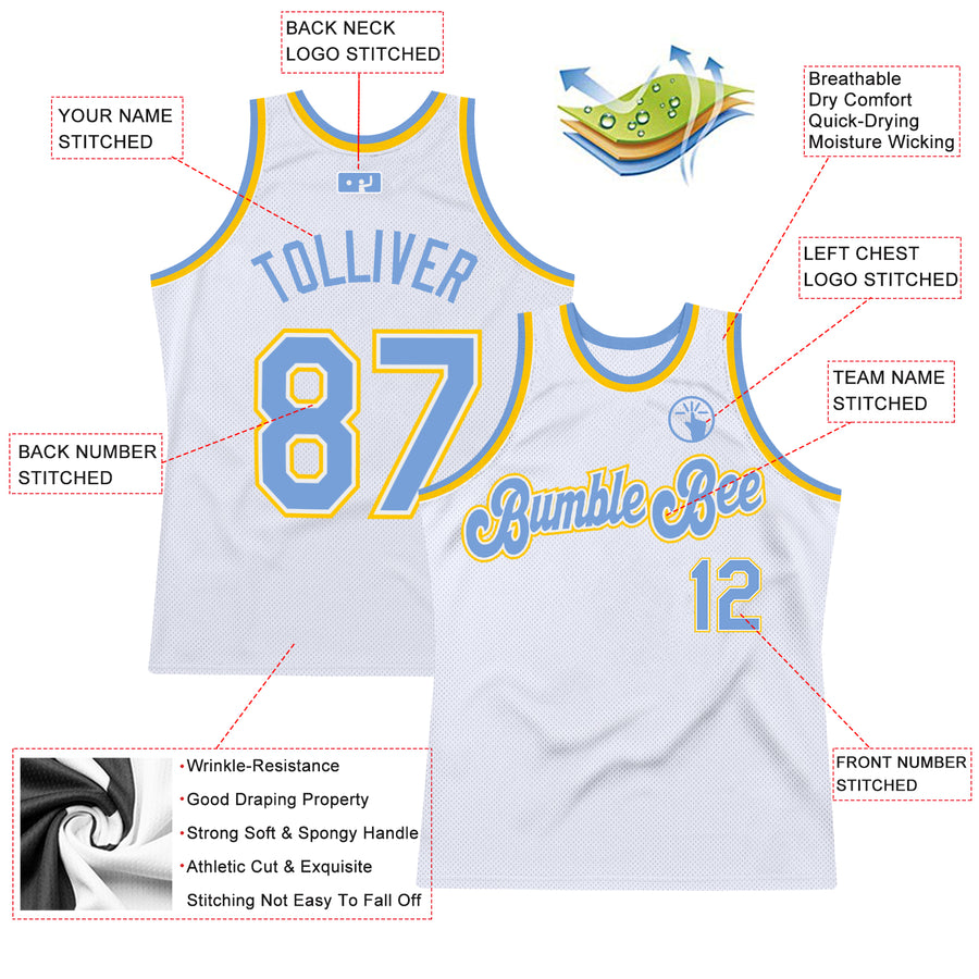 Custom White Light Blue-Gold Authentic Throwback Basketball Jersey