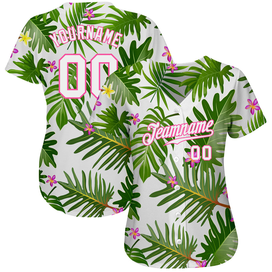 Custom White White-Pink 3D Pattern Design Tropical Palm Leaves Authentic Baseball Jersey