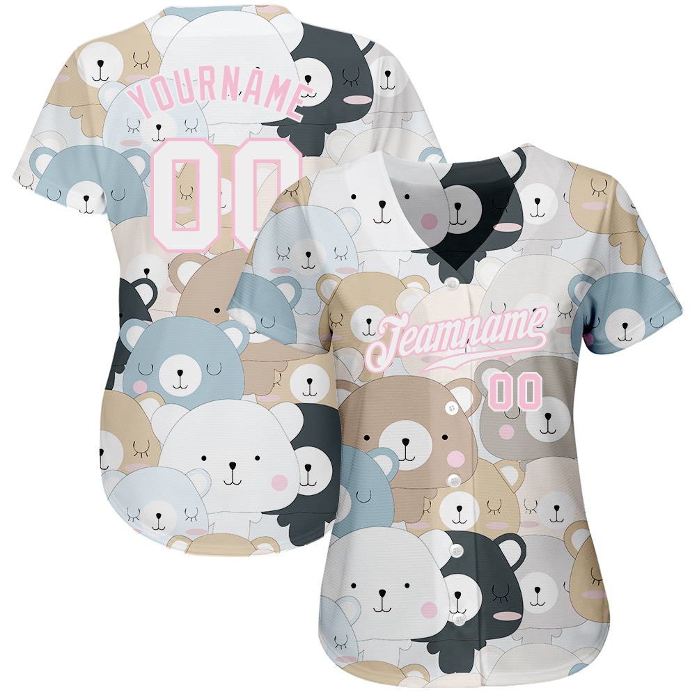 Custom White White-Light Pink 3D Pattern Design Teddy Bears Authentic Baseball Jersey