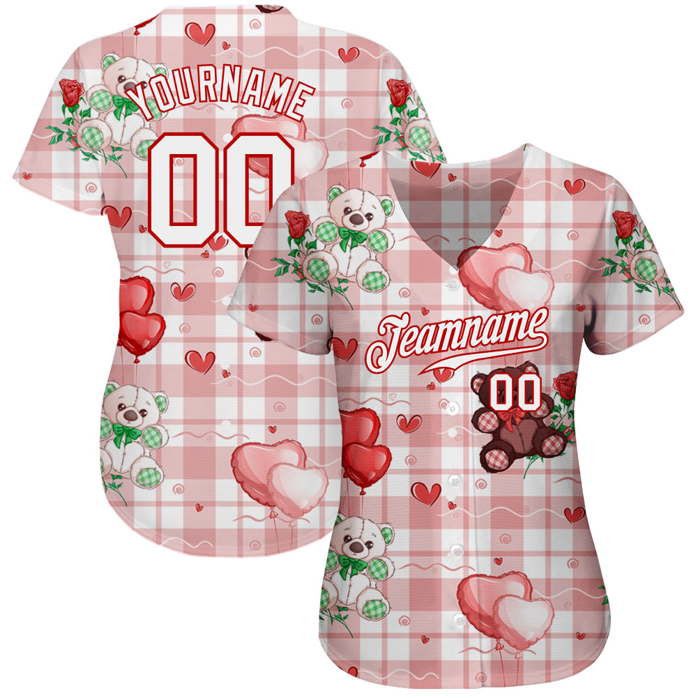 Custom White White-Red 3D Pattern Design Teddy Bears Authentic Baseball Jersey