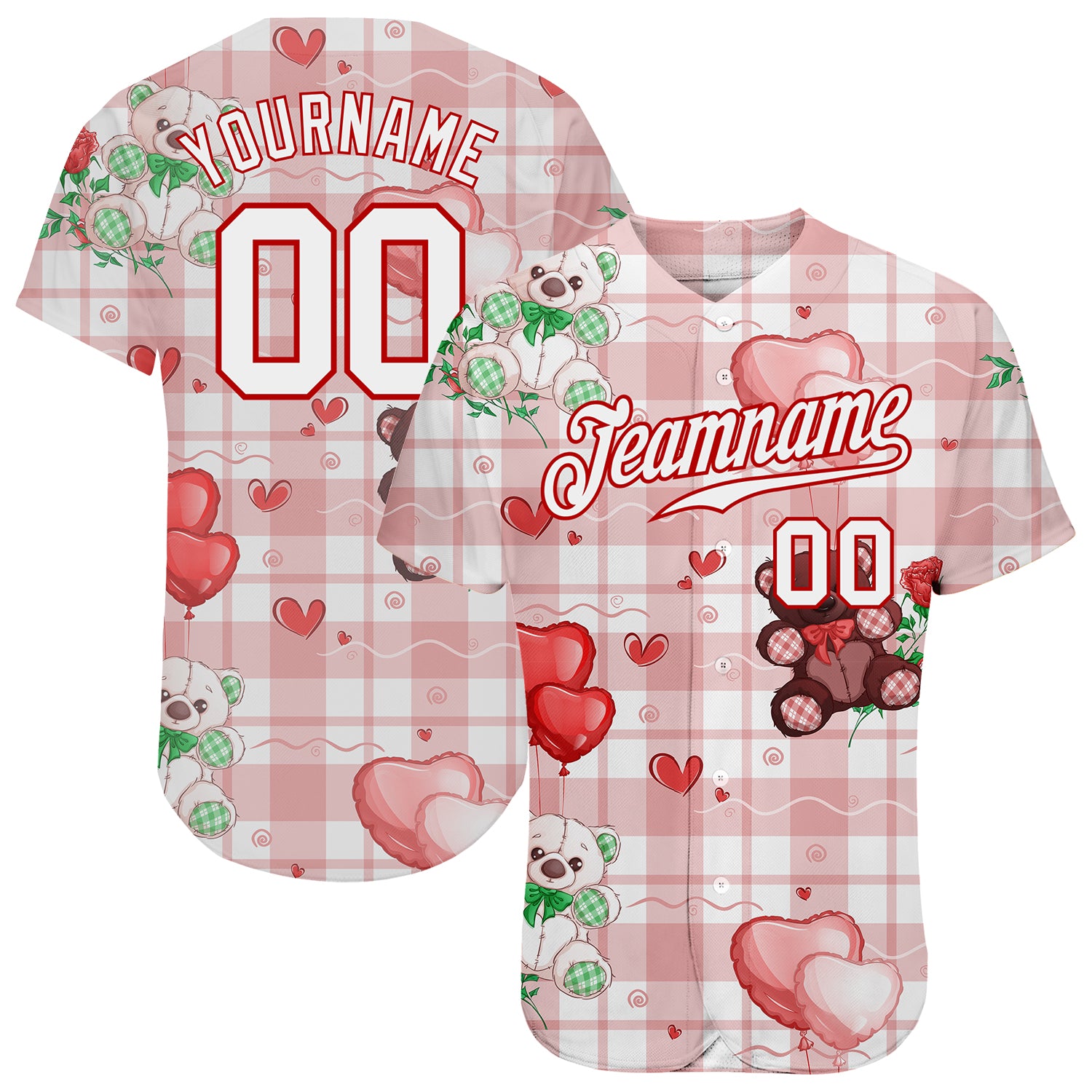 Custom White White-Red 3D Pattern Design Teddy Bears Authentic Baseball Jersey