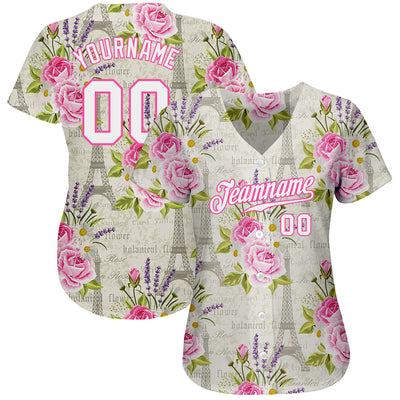 Custom White White-Pink 3D Pattern Design Floral Pattern With The Eiffel Tower Authentic Baseball Jersey