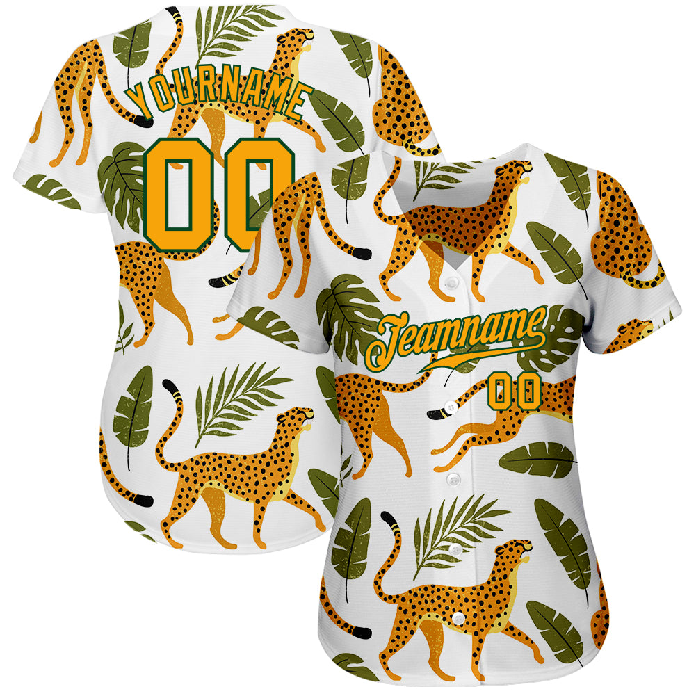 Custom White Gold-Green 3D Pattern Design Leopards And Tropical Palm Leaves Authentic Baseball Jersey