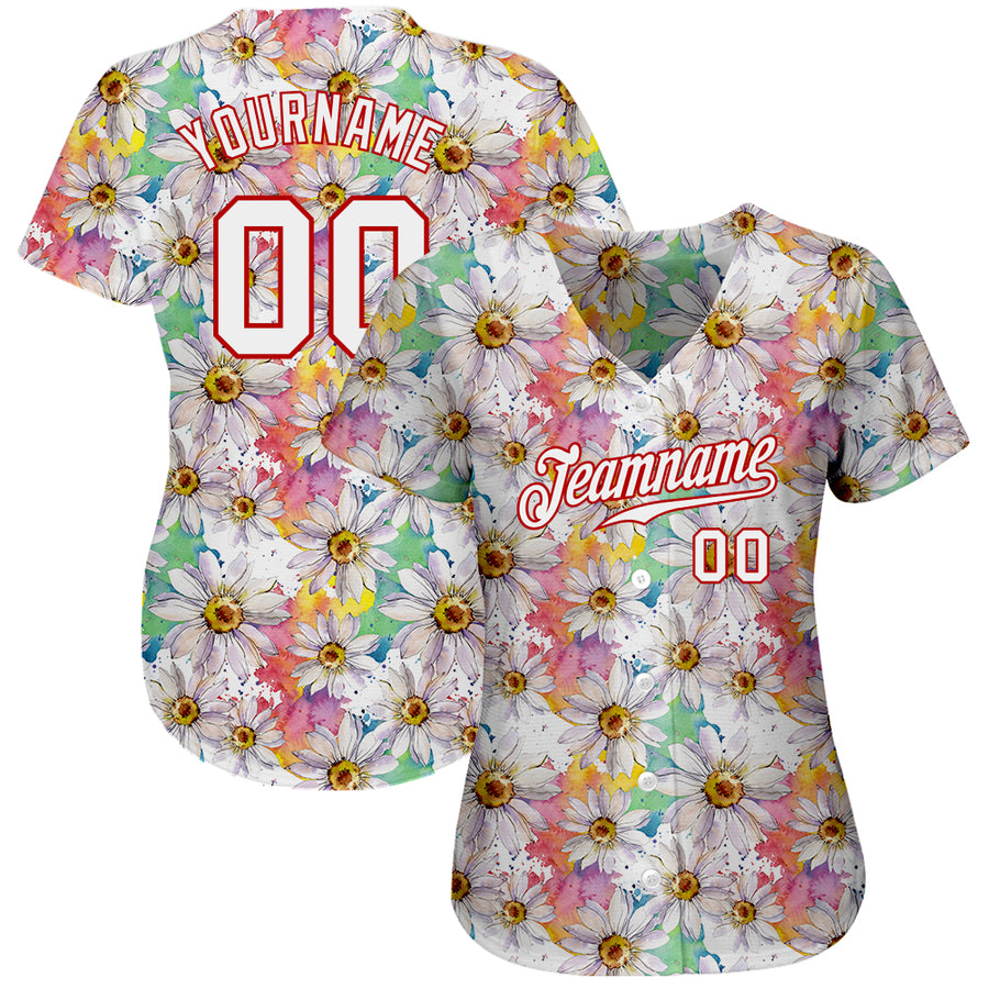 Custom White White-Red 3D Pattern Design Daisy Authentic Baseball Jersey