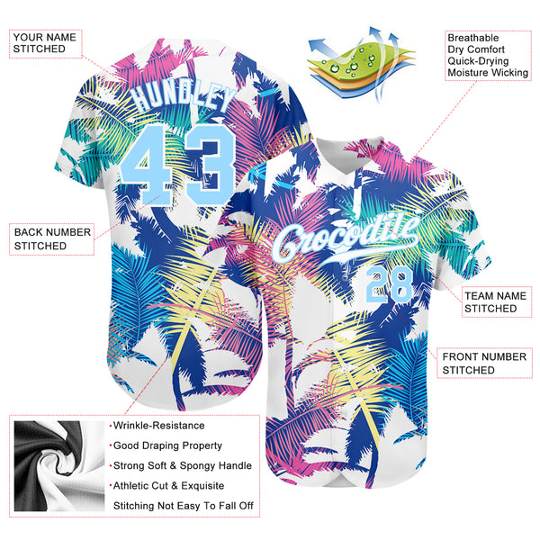 Custom White Royal 3D Pattern Design Beach Hawaii Palm Trees and Flowers Authentic Baseball Jersey Youth Size:L