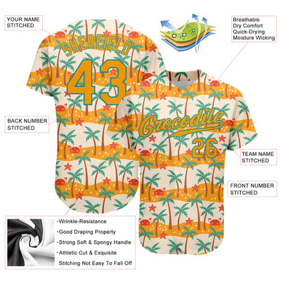 Custom White Gold-Teal 3D Pattern Design Hawaii Palm Trees Authentic Baseball Jersey