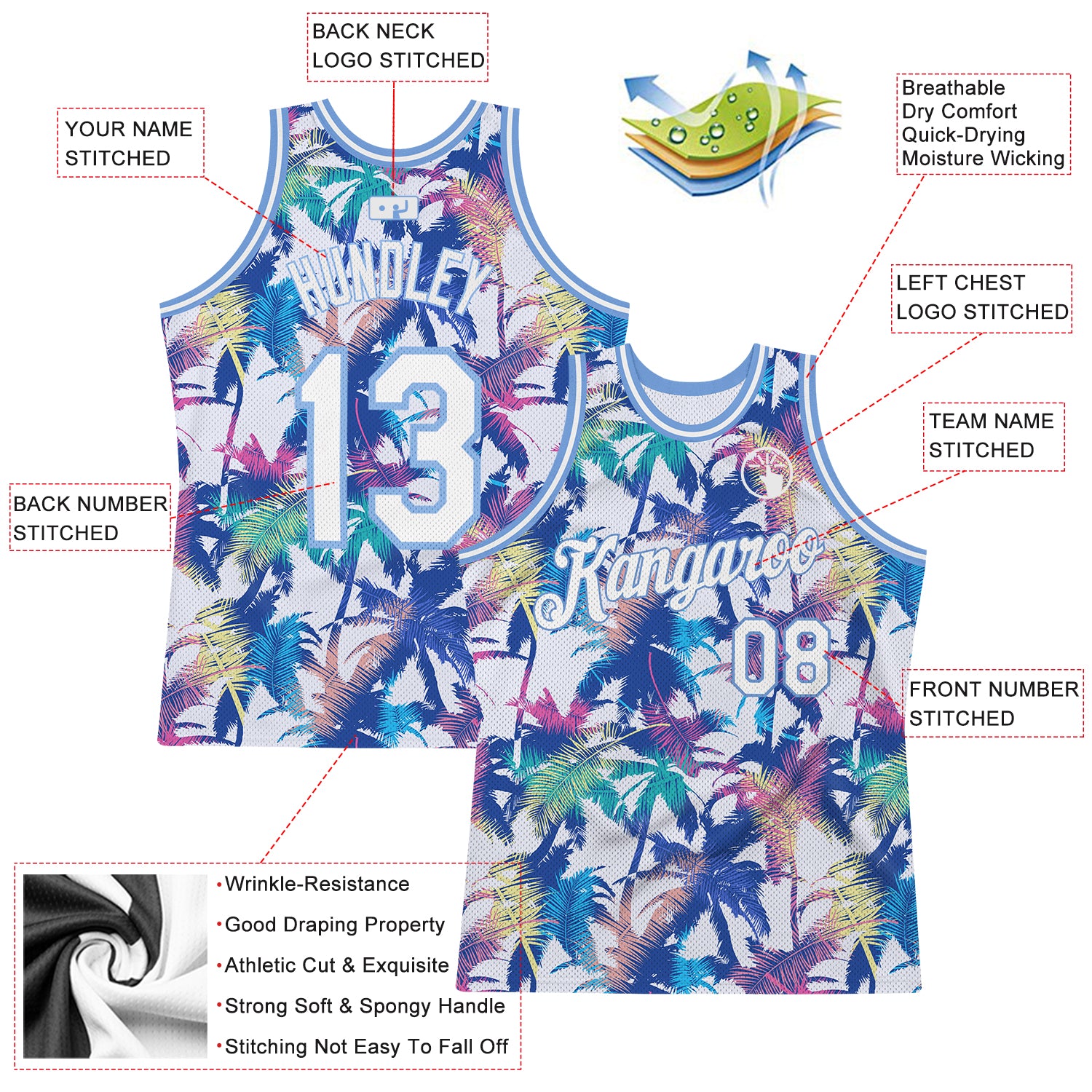 Custom White White-Light Blue 3D Pattern Hawaii Palm Trees Authentic Basketball Jersey